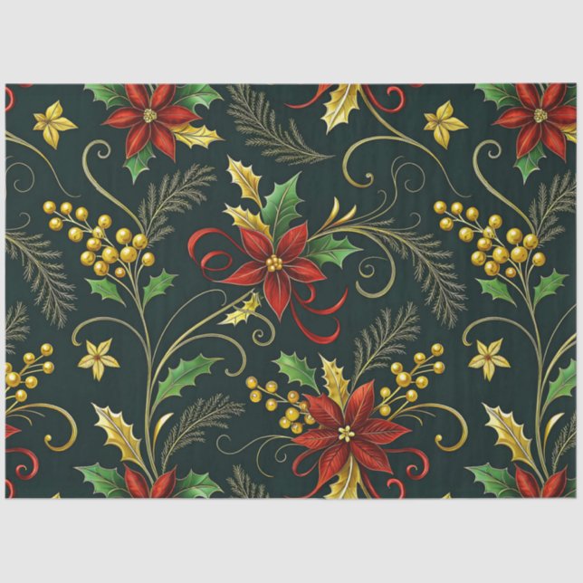 Red Gold Green Christmas Florals Decoupage  Tissue Paper (Front)