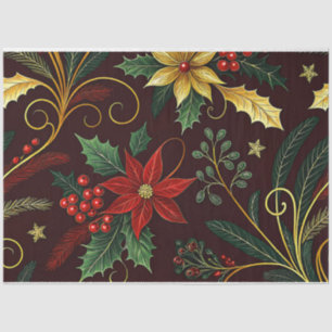 Red Gold Green Christmas Florals Decoupage  Tissue Paper