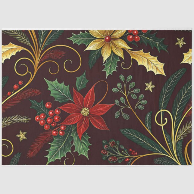 Red Gold Green Christmas Florals Decoupage  Tissue Paper (Front)