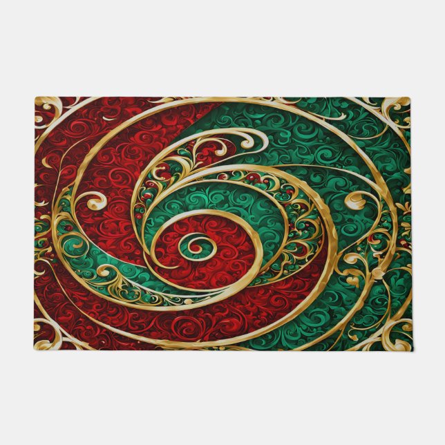 Red Gold Green Christmas Holiday Doormat (Front)