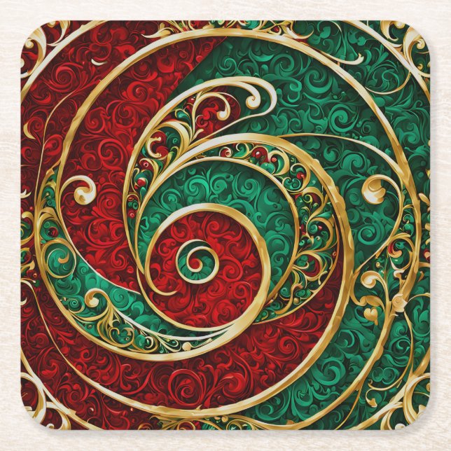 Red Gold Green Christmas Holiday Paper Coaster (Front)
