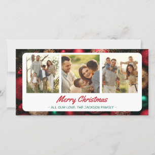 Red Gold Green Christmas ornaments 3 Photo Collage Holiday Card