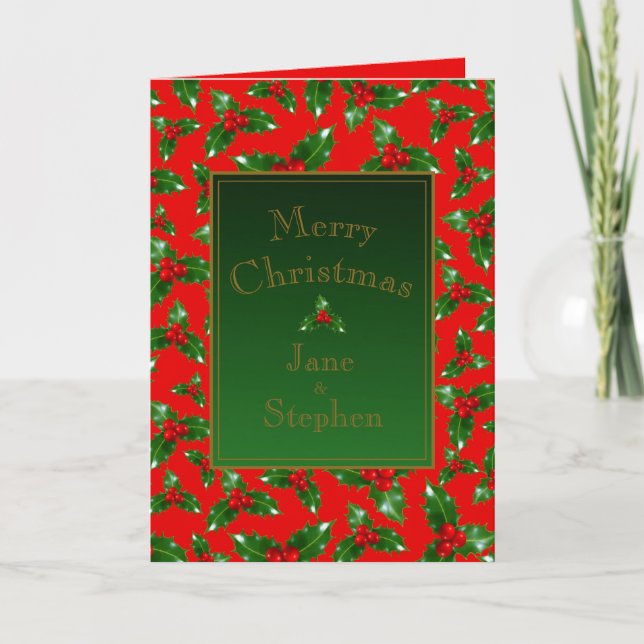 Red Gold Green Holly Berry Pattern – Personalised Card (Front)