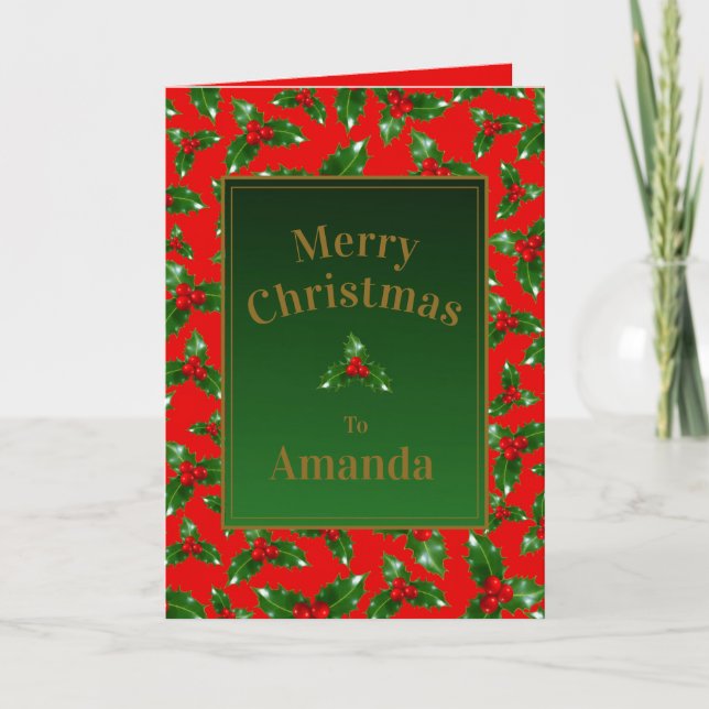 Red Gold Green Holly Berry Pattern – Personalised Card (Front)