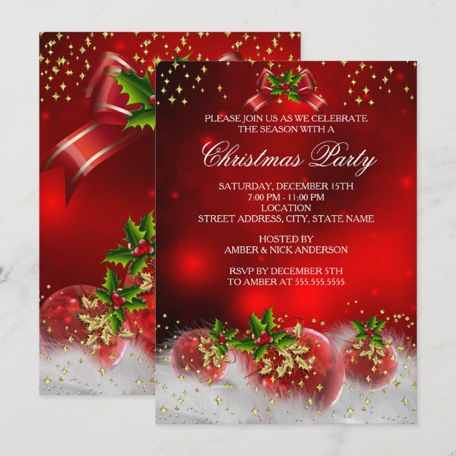 Red Gold Green Holly Christmas Holiday Party Invitation (Front/Back)