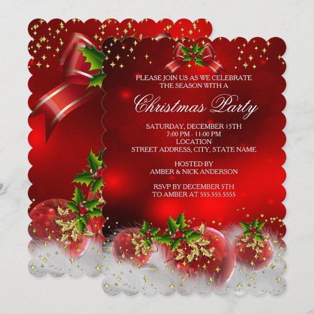 Red Gold Green Holly Snow White Christmas Party Invitation (Front/Back)