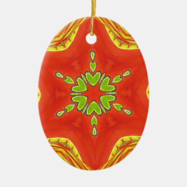 Red Gold Green Mandala Art Print Ceramic Tree Decoration (Front)