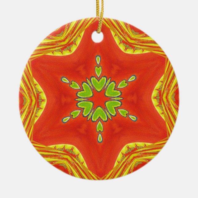 Red Gold Green Mandala Art Print Ceramic Tree Decoration (Front)