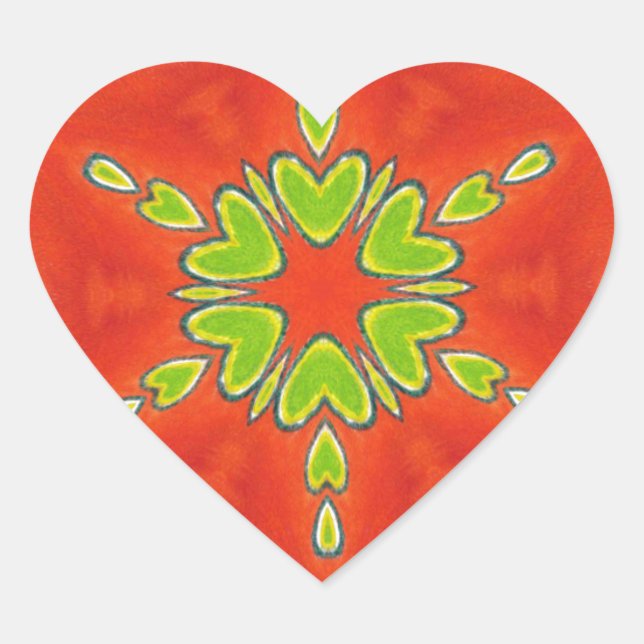 Red Gold Green Mandala Art Print Heart Sticker (Front)