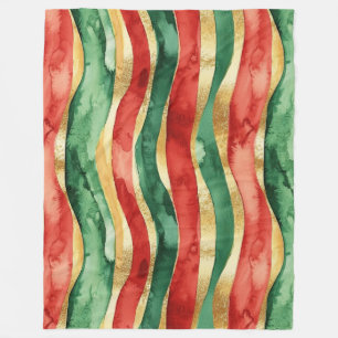 Red Gold Green Stripes Christmas Fleece Blanket