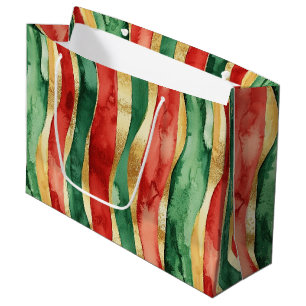 Red Gold Green Stripes Christmas Large Gift Bag