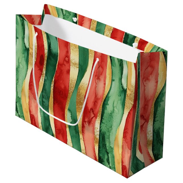 Red Gold Green Stripes Christmas Large Gift Bag (Front Angled)