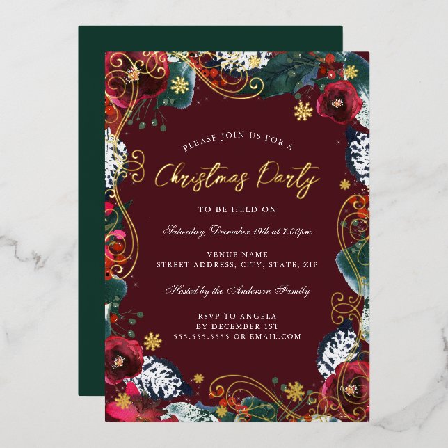 Red Gold Green White Floral Swirl Christmas Party  (Front/Back)
