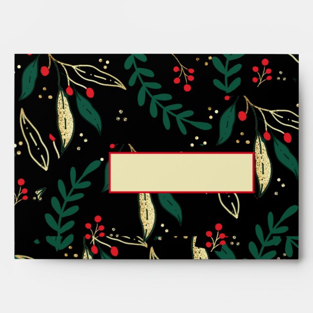 Red Gold Greenery Return Address Black Christmas  Envelope (Front)