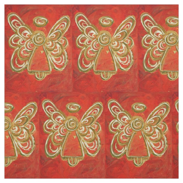 Red Gold Guardian Angel Art Fabric Material (Swatch)