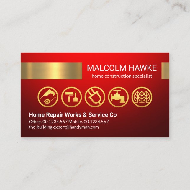 Red Gold Handyman Tools Stripe Business Card (Front)