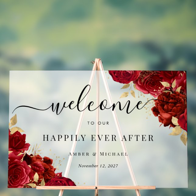 Red Gold Happily Ever After Wedding Acrylic Sign (Neutral)