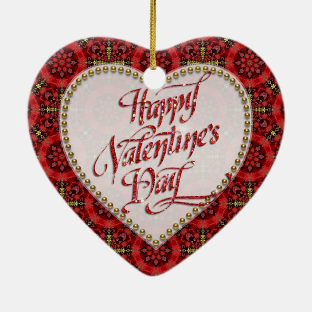 Red Gold Happy Valentine Love Heart Ornament (Back)