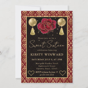 Red & Gold Heart Damask & Rose Sweet 16 Invitation