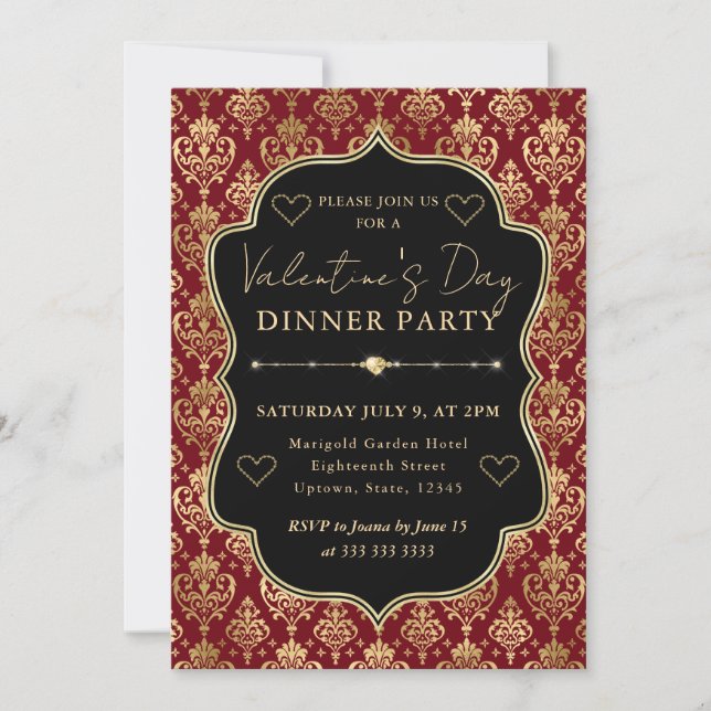 Red & Gold Heart Damask Valentine's Dinner Party Invitation (Front)