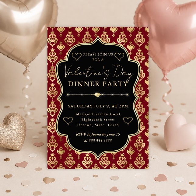 Red & Gold Heart Damask Valentine's Dinner Party Invitation (Creator Uploaded)
