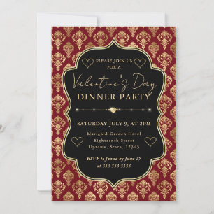 Red & Gold Heart Damask Valentine's Dinner Party Invitation