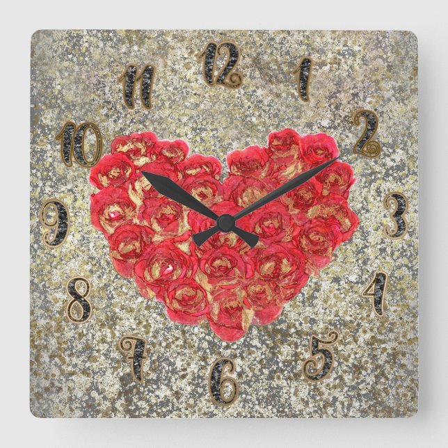 Red & Gold Heart Glam Rustic Love Rustic Valentine Square Wall Clock (Front)