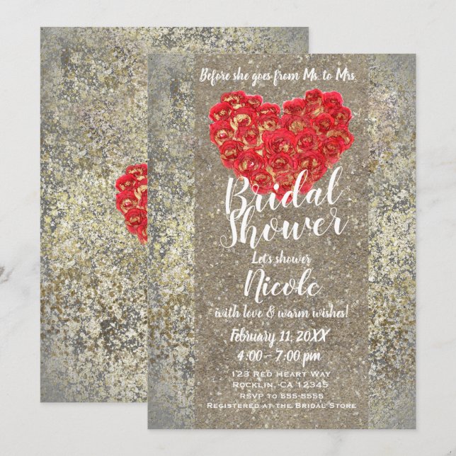 Red Gold Heart Glam Valentine Bridal Shower Party Invitation (Front/Back)
