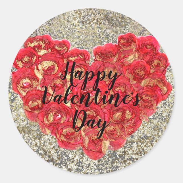 Red & Gold Heart Glam Valentine's Day Party Favour Classic Round Sticker (Front)