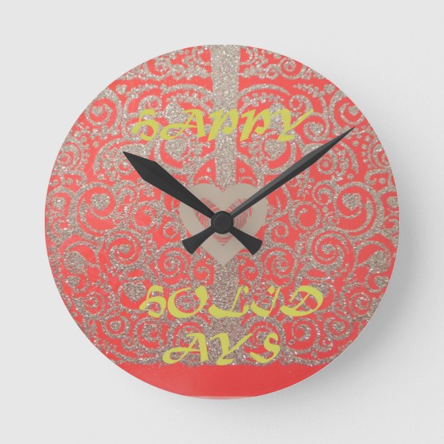 Red & Gold Heart Glitter: Luxurious Happy Christma Round Clock (Front)