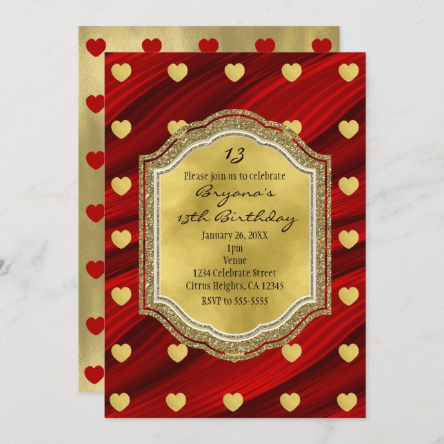 Red & Gold Hearts Birthday Party Invitations (Front/Back)