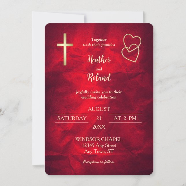 Red Gold Hearts Christian Cross Wedding  Invitation (Front)