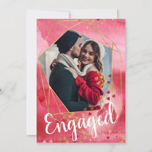 Red Gold Hearts Photo Valentine Engagement Party Invitation (Front)