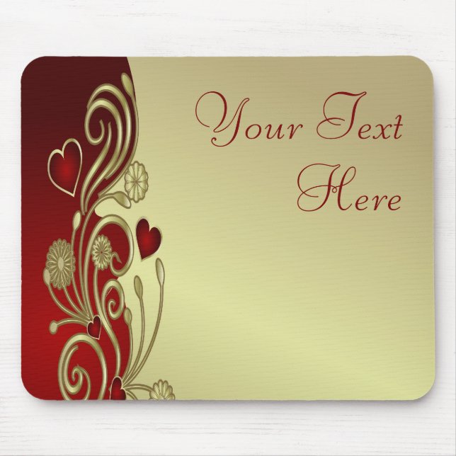 Red & Gold Hearts & Scrolls Mouse Mat (Front)