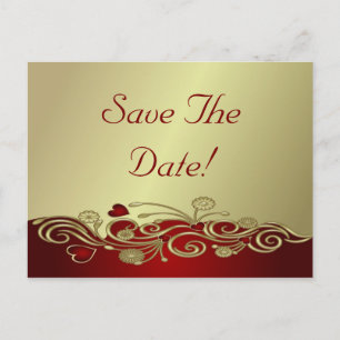 Red & Gold Hearts & Scrolls Save The Date Announcement Postcard