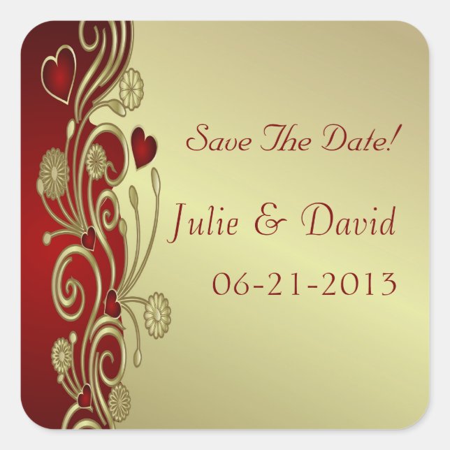 Red & Gold Hearts & Scrolls Save The Date Square Sticker (Front)