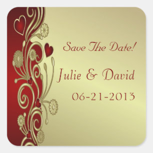 Red & Gold Hearts & Scrolls Save The Date Square Sticker