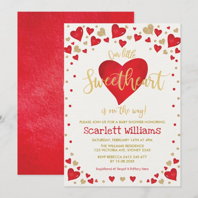 Red Gold Hearts Sweetheart Girl Baby Shower Invitation (Front/Back)