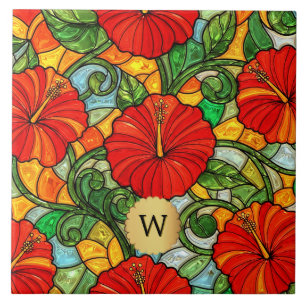 Red Gold Hibiscus Faux Stained Glass Monogram Tile