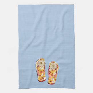 Red & Gold Hibiscus Flower Flip Flops on Lt Blue Tea Towel