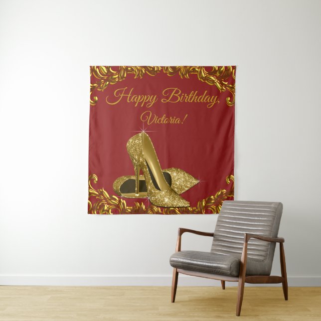 Red Gold High Heel Shoe Birthday Party SQ Backdrop Tapestry (In Situ)