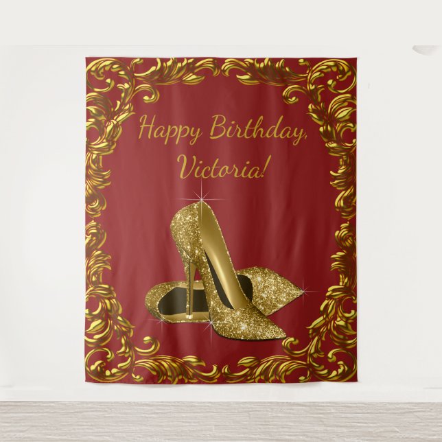 Red Gold High Heel Shoe Birthday Party XL Backdrop Tapestry (Front)
