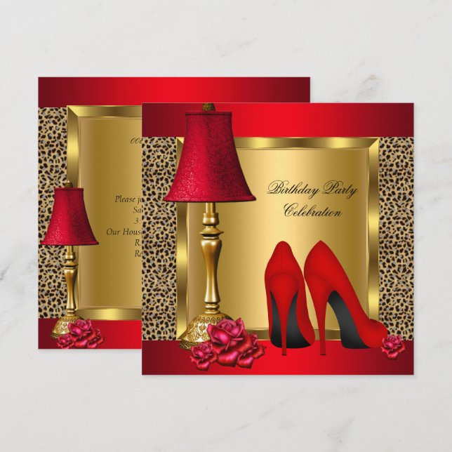 Red Gold High Heels Roses Wild Birthday Party Invitation (Front/Back)