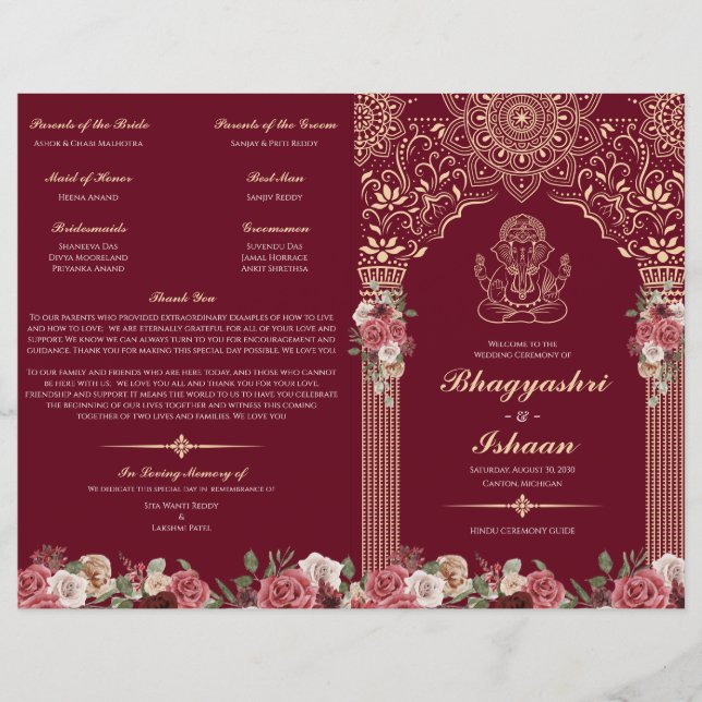 Red & Gold Hindu Wedding Ceremony Folded Program  (Front)