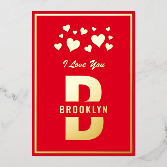 Red Gold Hipster Monogram Happy Valentine's Day Foil Holiday Card (Front)