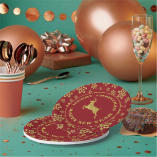 Red Gold Holiday Snowflake Reindeer Paper Plate