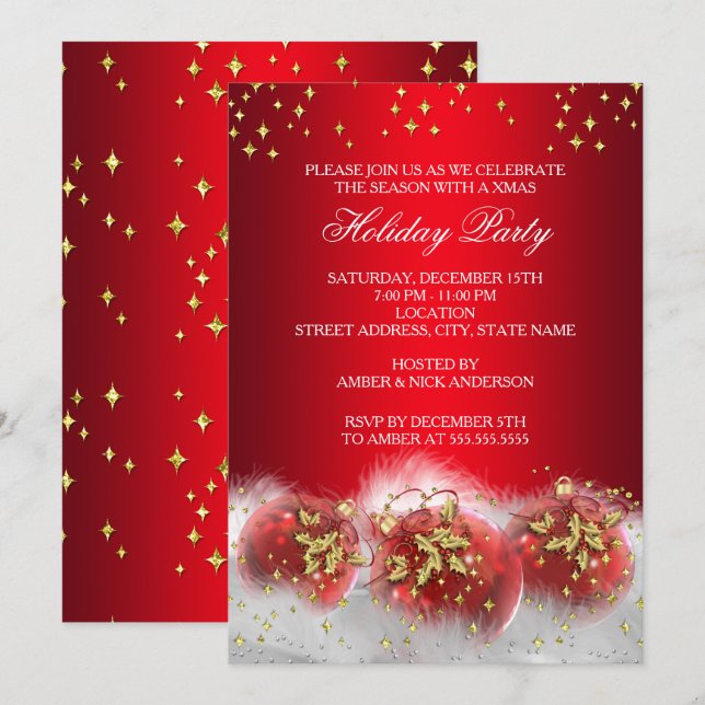 Red Gold Holly Baubles Christmas Holiday Party Invitation (Front/Back)
