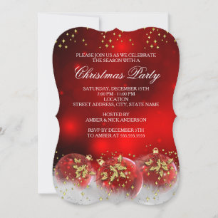 Red Gold Holly Baubles Christmas Holiday Party Invitation