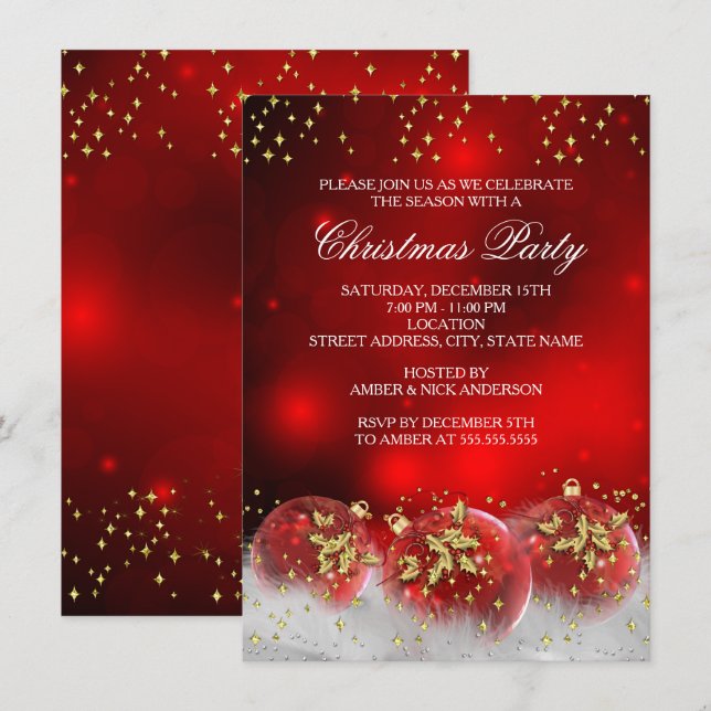 Red Gold Holly Baubles Christmas Holiday Party Invitation (Front/Back)