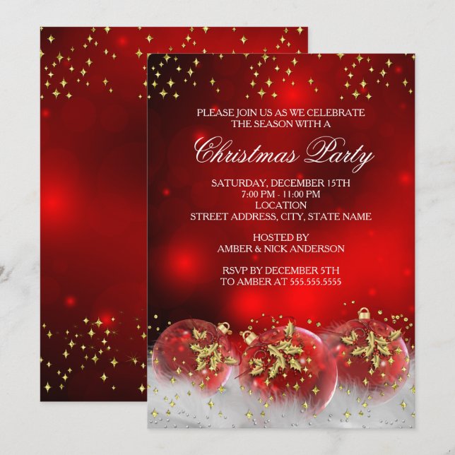Red Gold Holly Baubles Christmas Holiday Party Invitation (Front/Back)